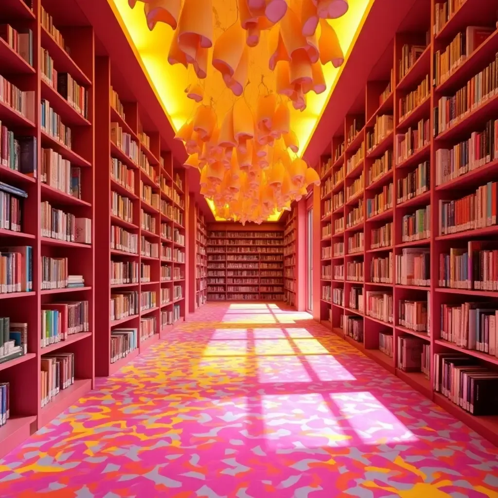 a photo of a lively magenta and yellow library with energetic patterns