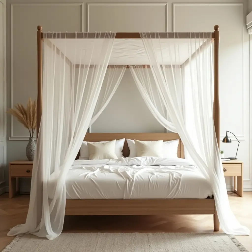 a photo of a charming canopy bed draped with sheer fabric