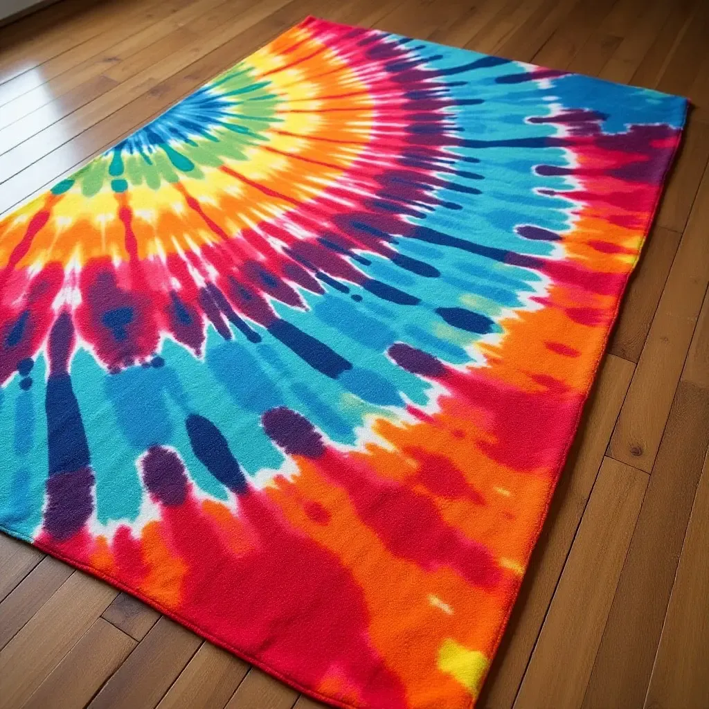 a photo of a colorful tie-dye rug with a fun, youthful vibe