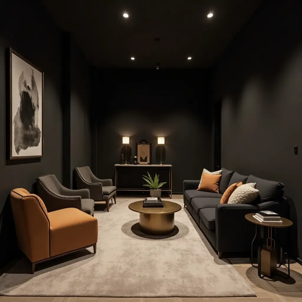 a photo of a sophisticated basement featuring charcoal and gold accents