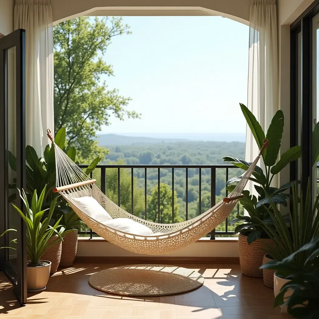 a photo of a chic balcony with a hammock and tropical plants