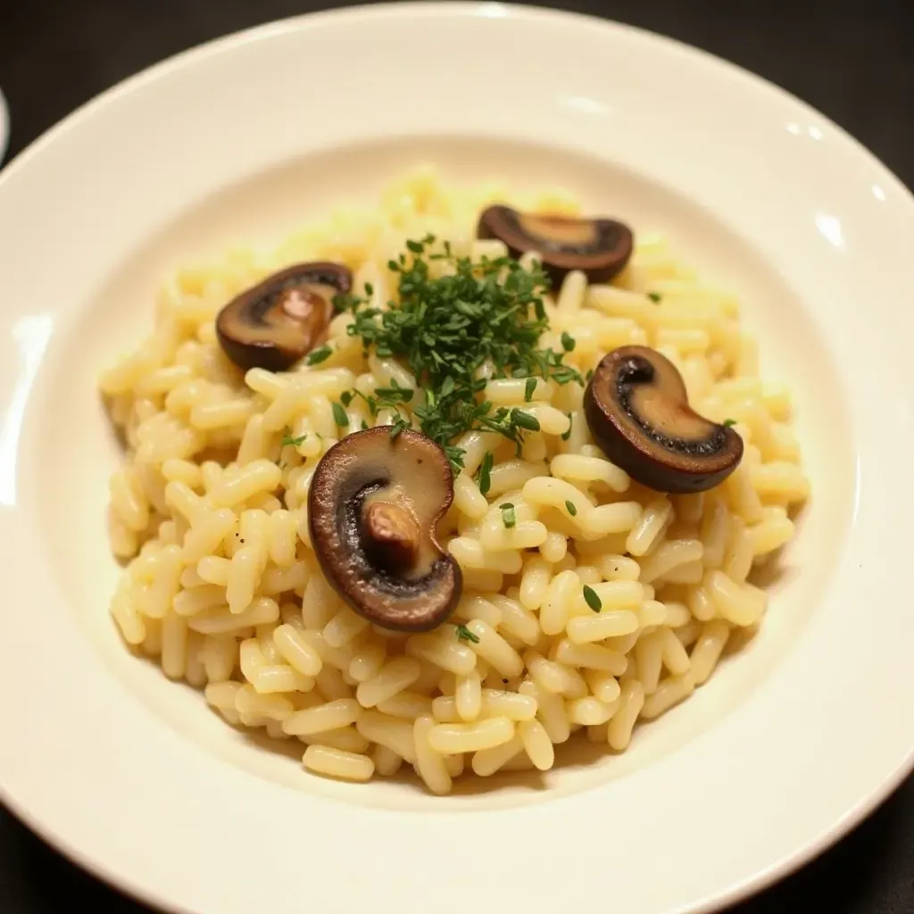 a photo of creamy risotto with porcini mushrooms and a sprinkle of parsley.