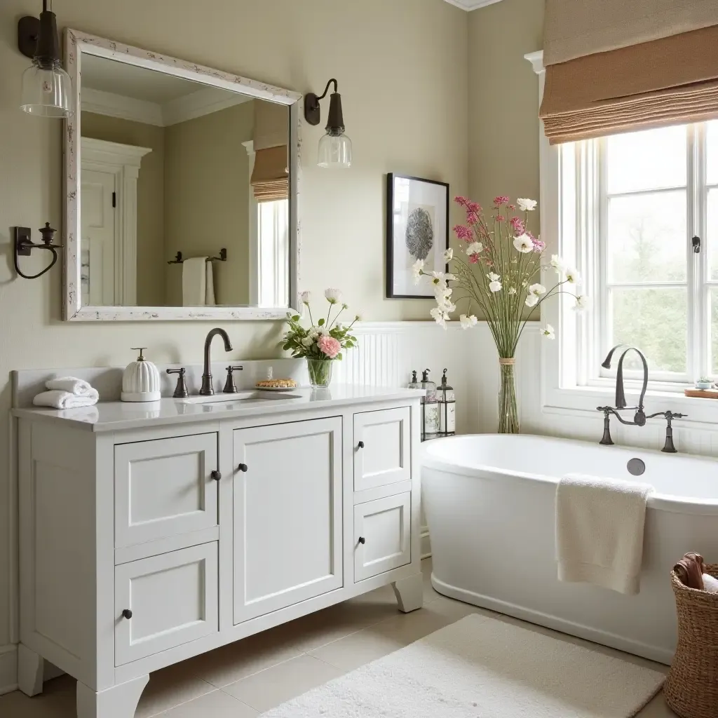 a photo of a bright bathroom with floral accents and rustic charm