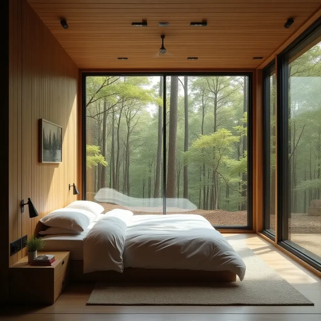 a photo of a serene bedroom featuring a large window with a forest view