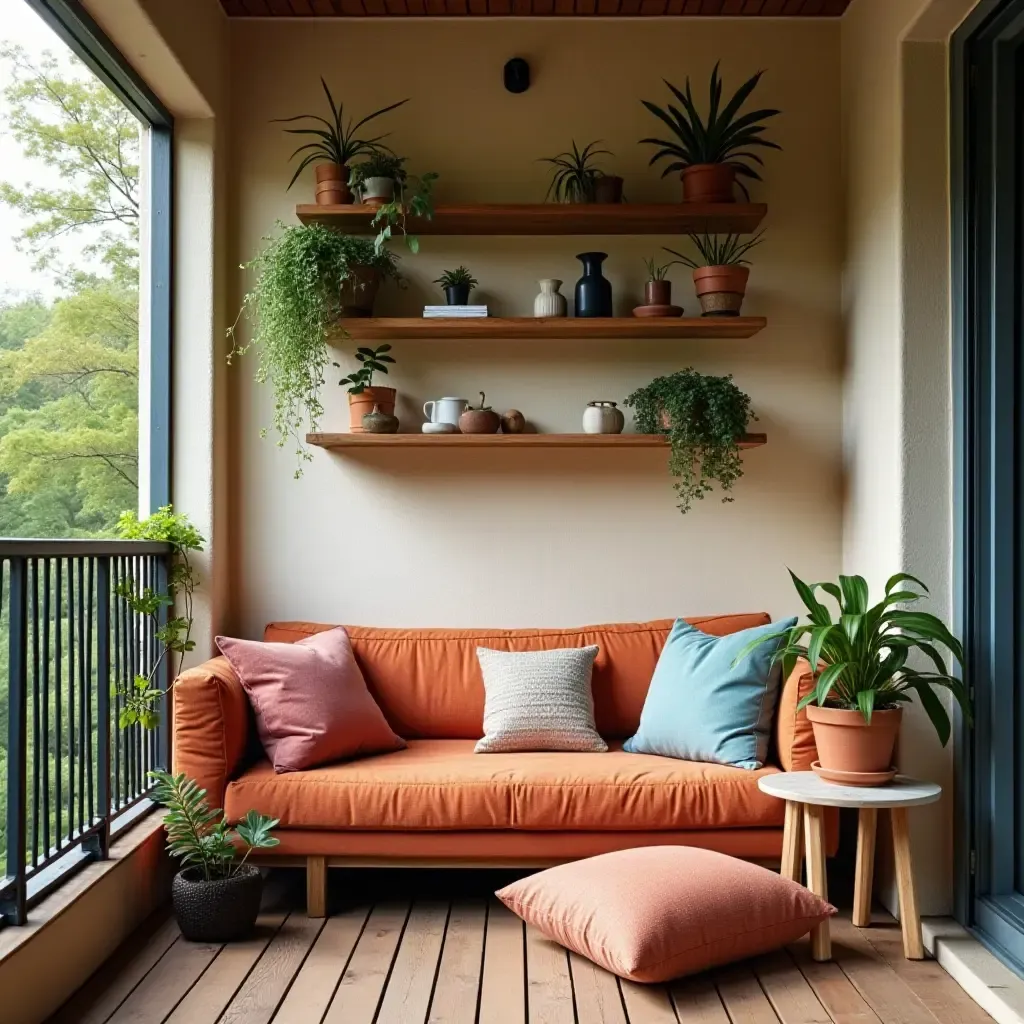 a photo of a cozy balcony with hanging shelves and colorful cushions