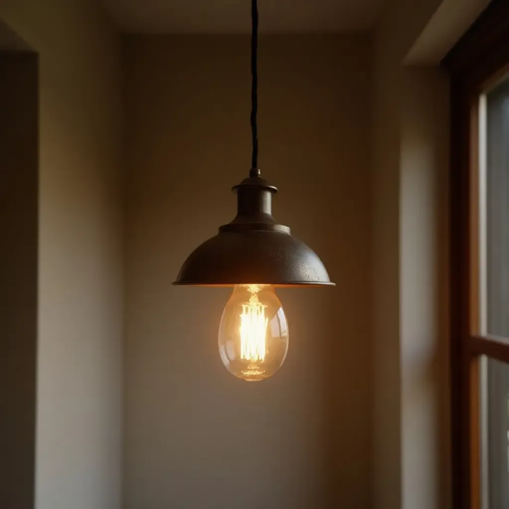 a photo of a rustic metal light fixture hanging in a corridor