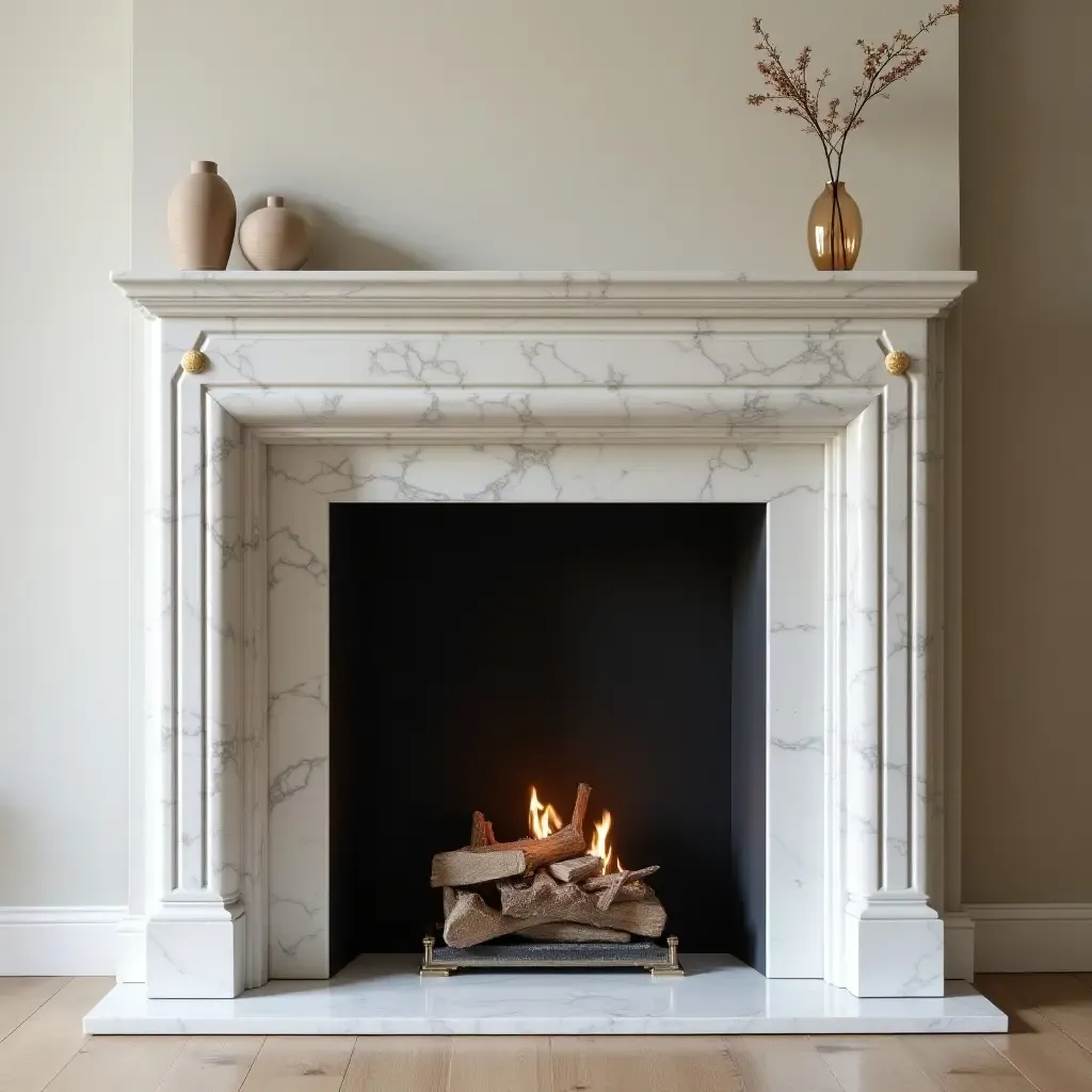 a photo of a chic marble fireplace mantel with gold accents