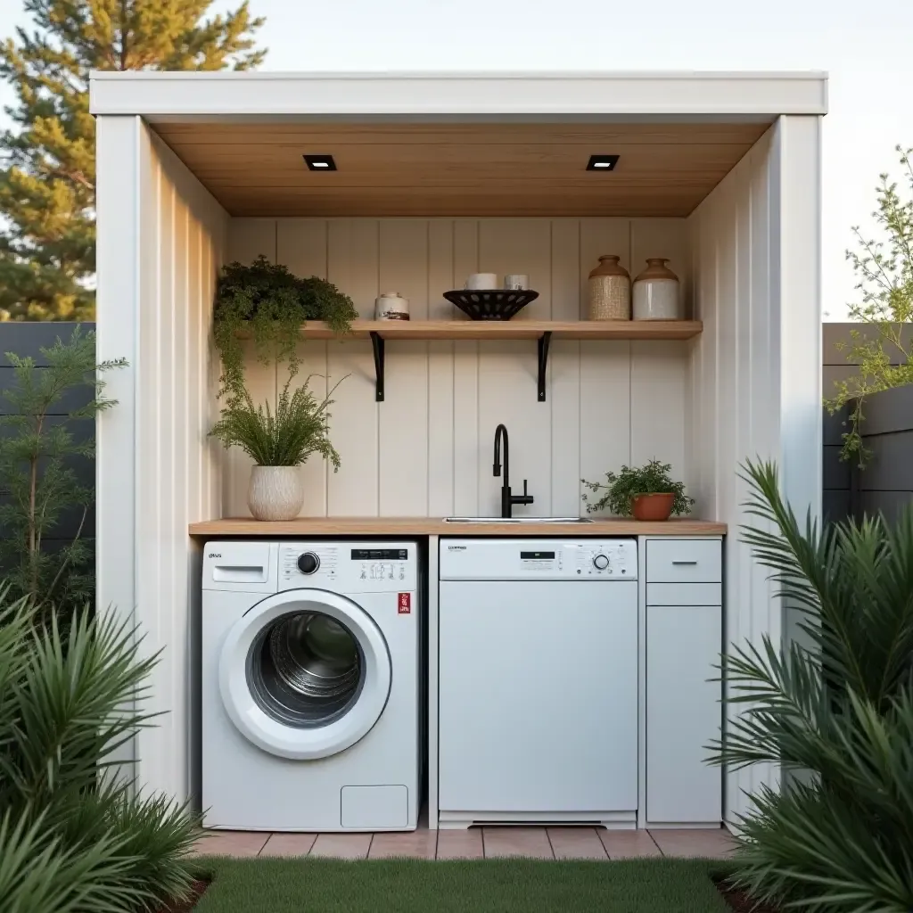 a photo of a compact outdoor laundry nook with clever storage solutions