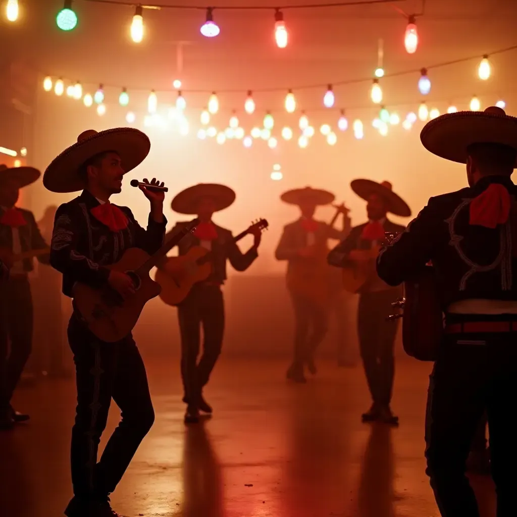 a photo of a lively fiesta scene with mariachis and dancing