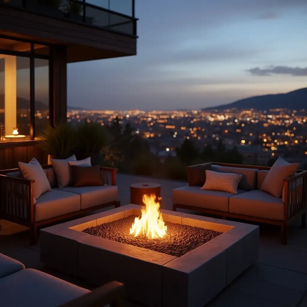 a photo of a balcony with a modern fire pit and cozy seating