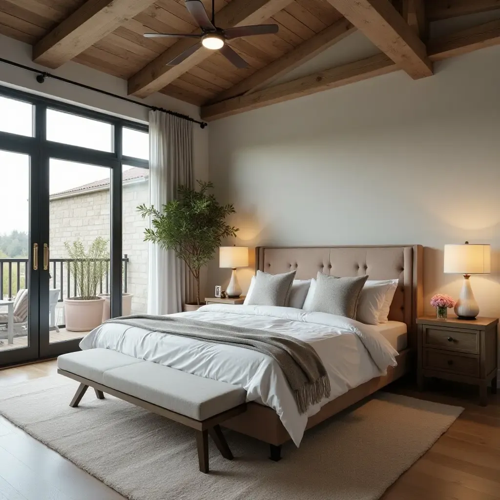 a photo of a stylish bedroom with a mix of modern furniture and rustic decor