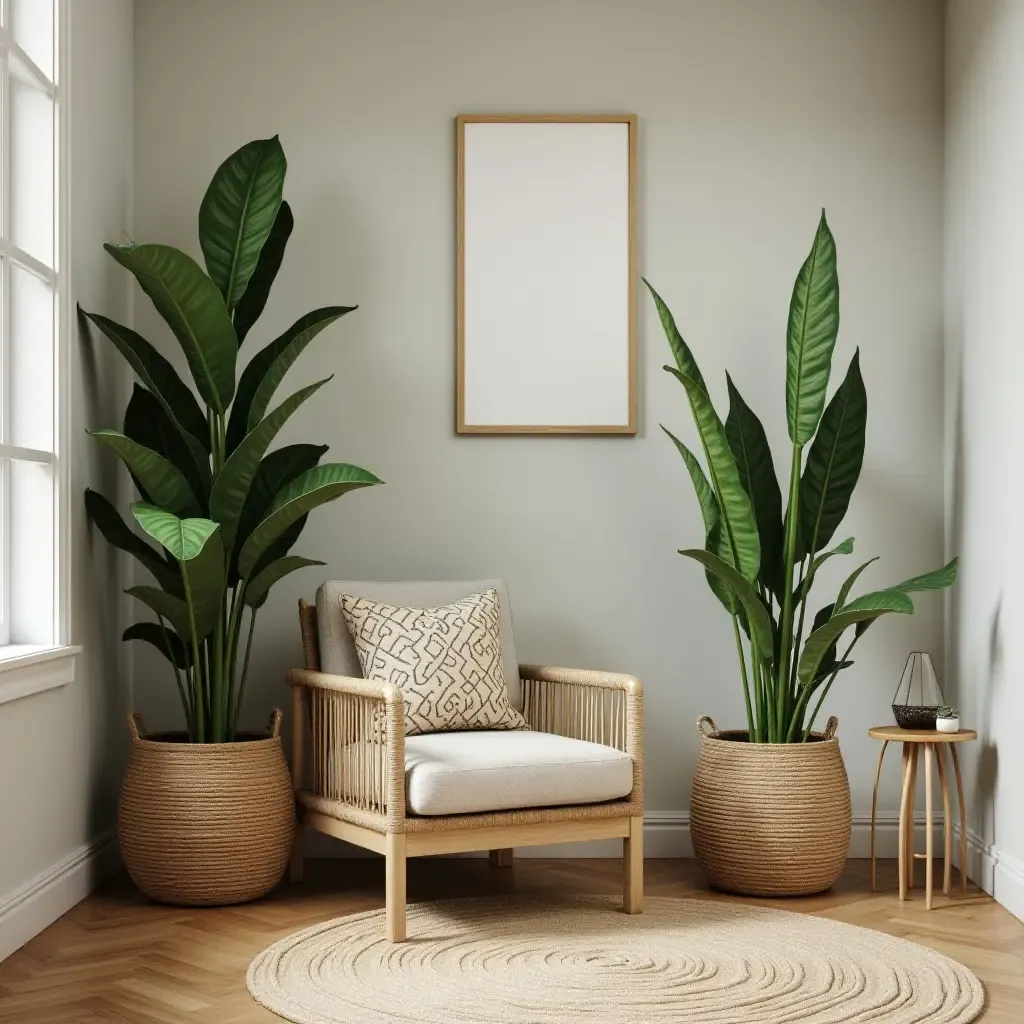 a photo of a reading corner with a large snake plant