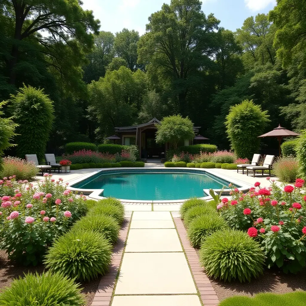 a photo of a picturesque poolside garden with farmhouse-style flower beds and pathways