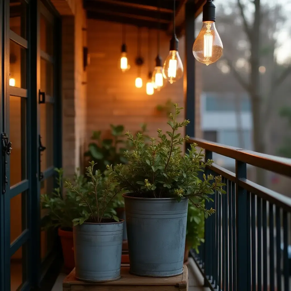 a photo of a rustic balcony with steel planters and hanging Edison bulbs