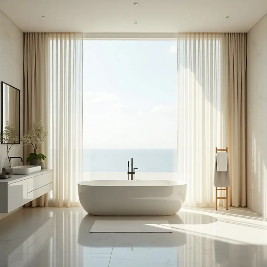 a photo of a bright bathroom featuring open windows and flowing curtains