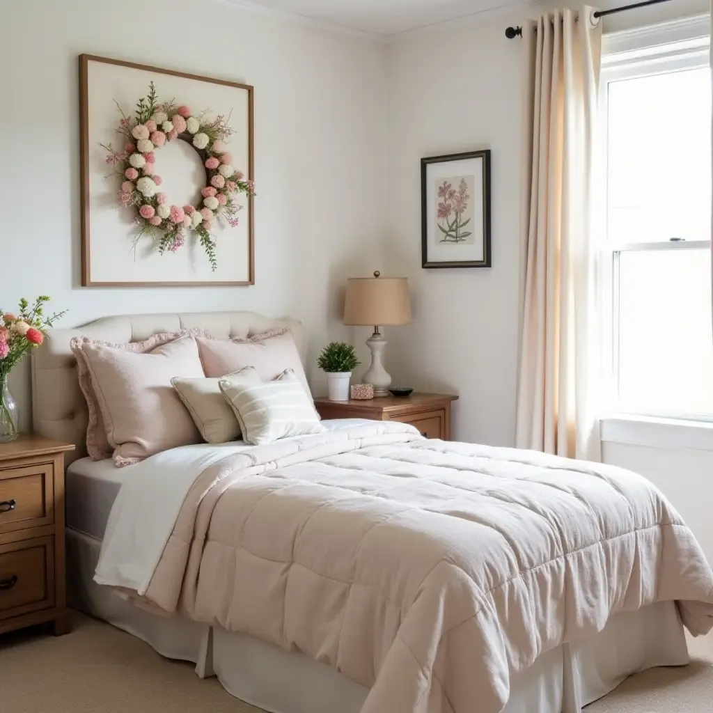 a photo of a charming teen bedroom with floral accents and farmhouse decor