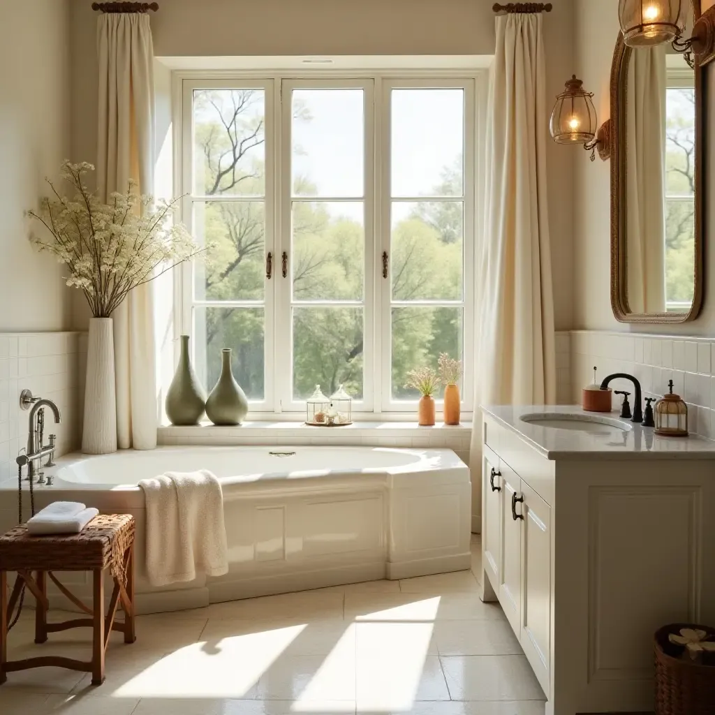 a photo of a cozy bathroom featuring decorative jars and natural light