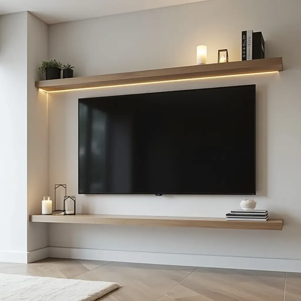 a photo of a sleek corner TV with floating shelves