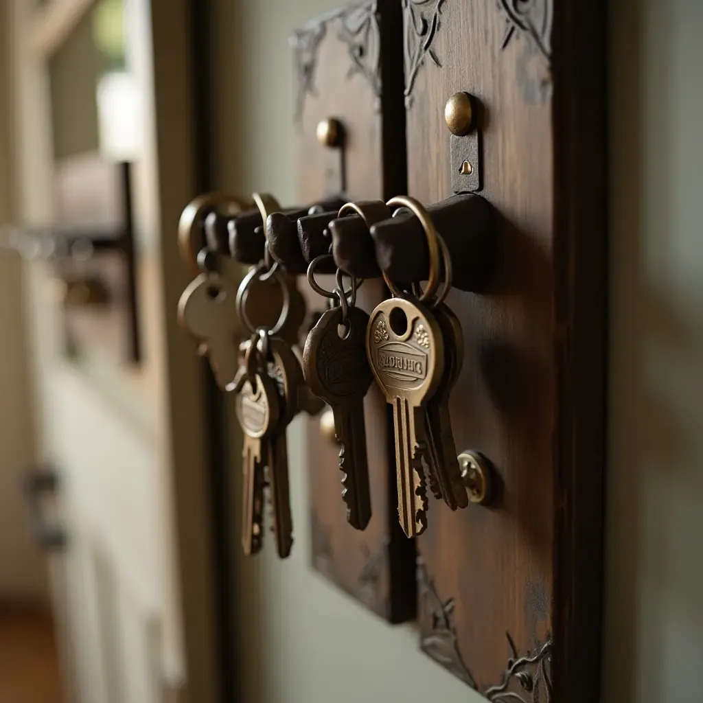 a photo of an old-fashioned key holder with vintage keys in an entrance