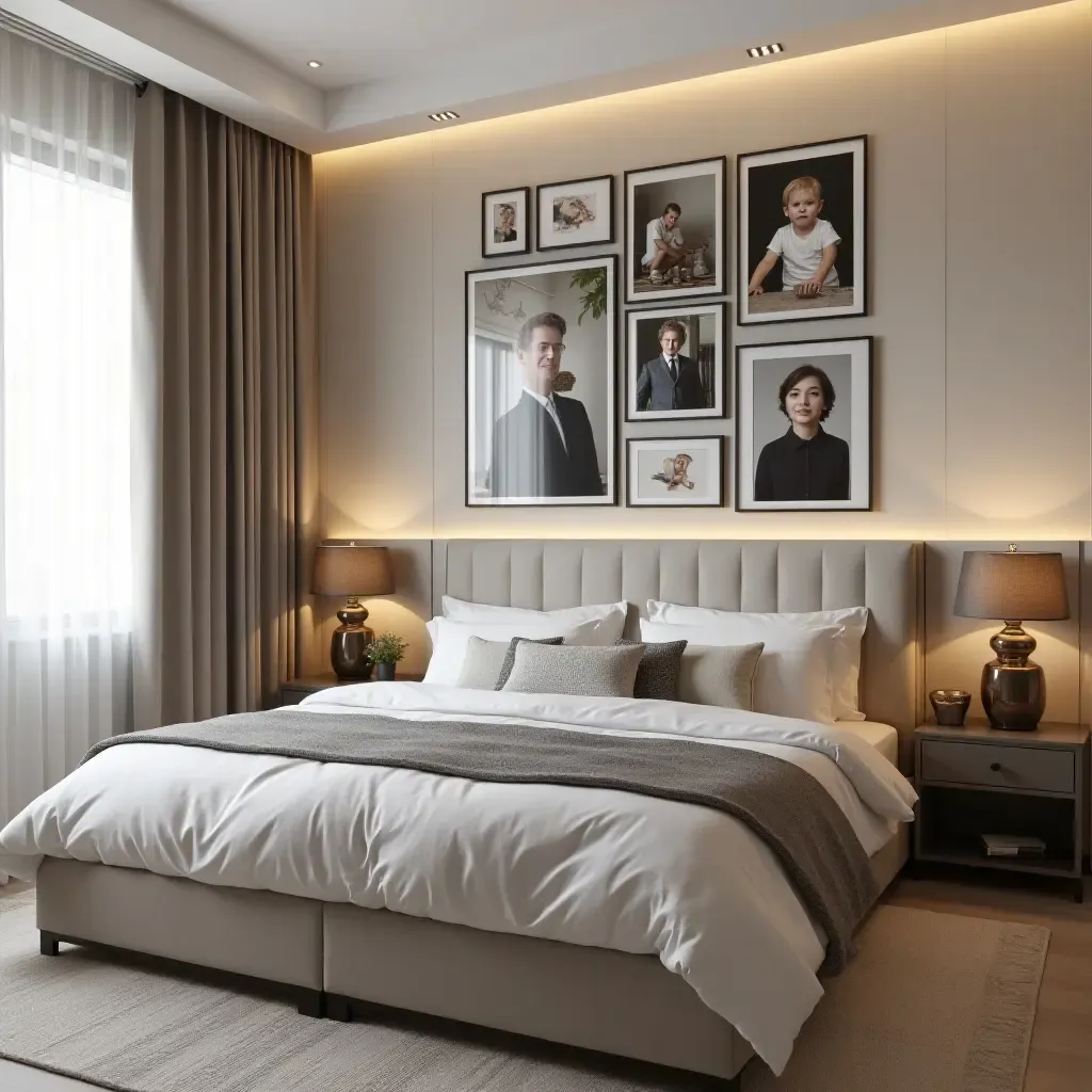 a photo of a chic 8x8 bedroom with a gallery wall of photos