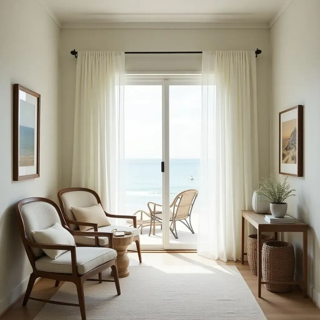 a photo of a breezy corridor with sheer curtains and coastal-inspired decor