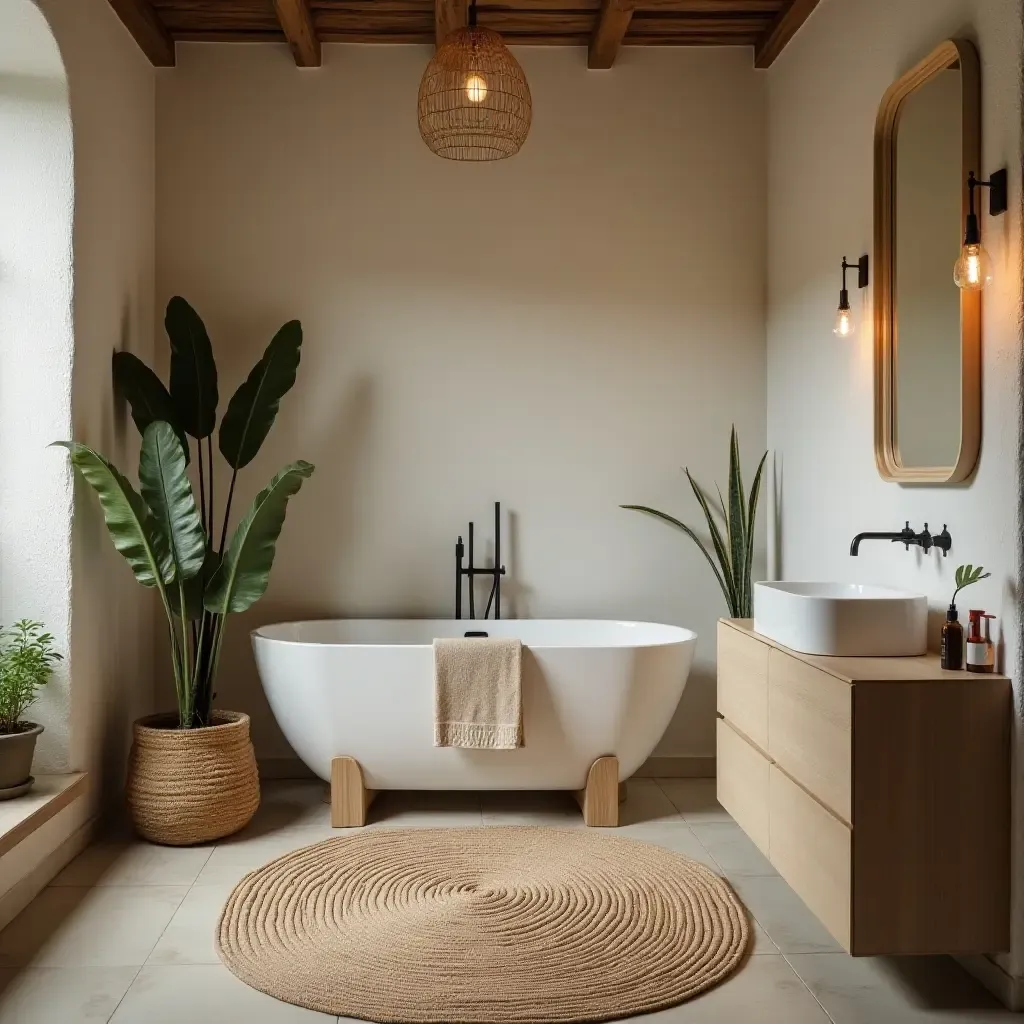 a photo of a handwoven jute rug in a rustic bathroom