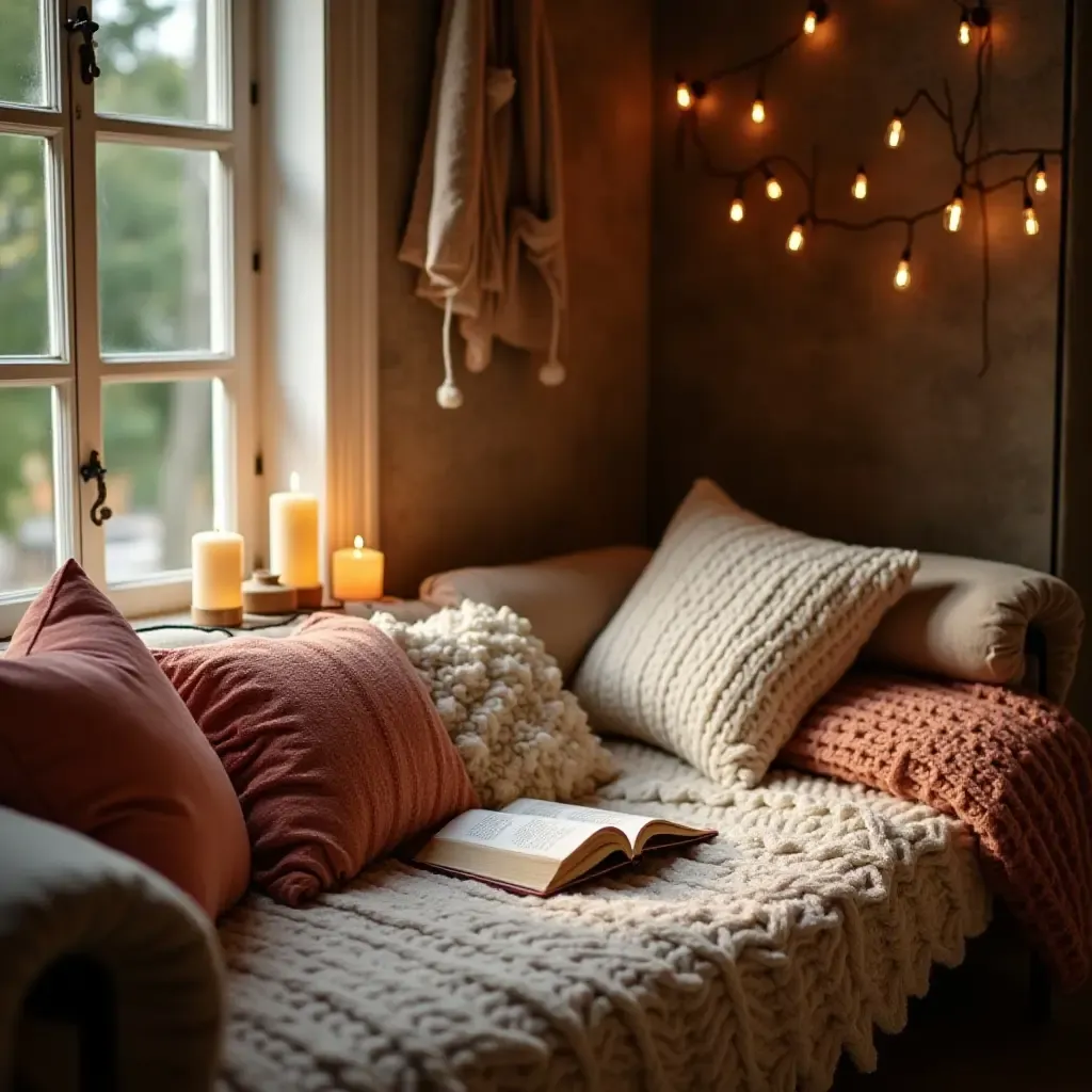 a photo of a warm reading nook with a knitted blanket and pillows