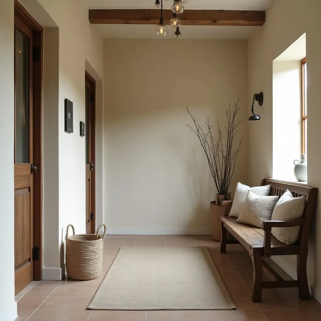 a photo of a cozy corridor with a rustic wooden bench and decorative pillows