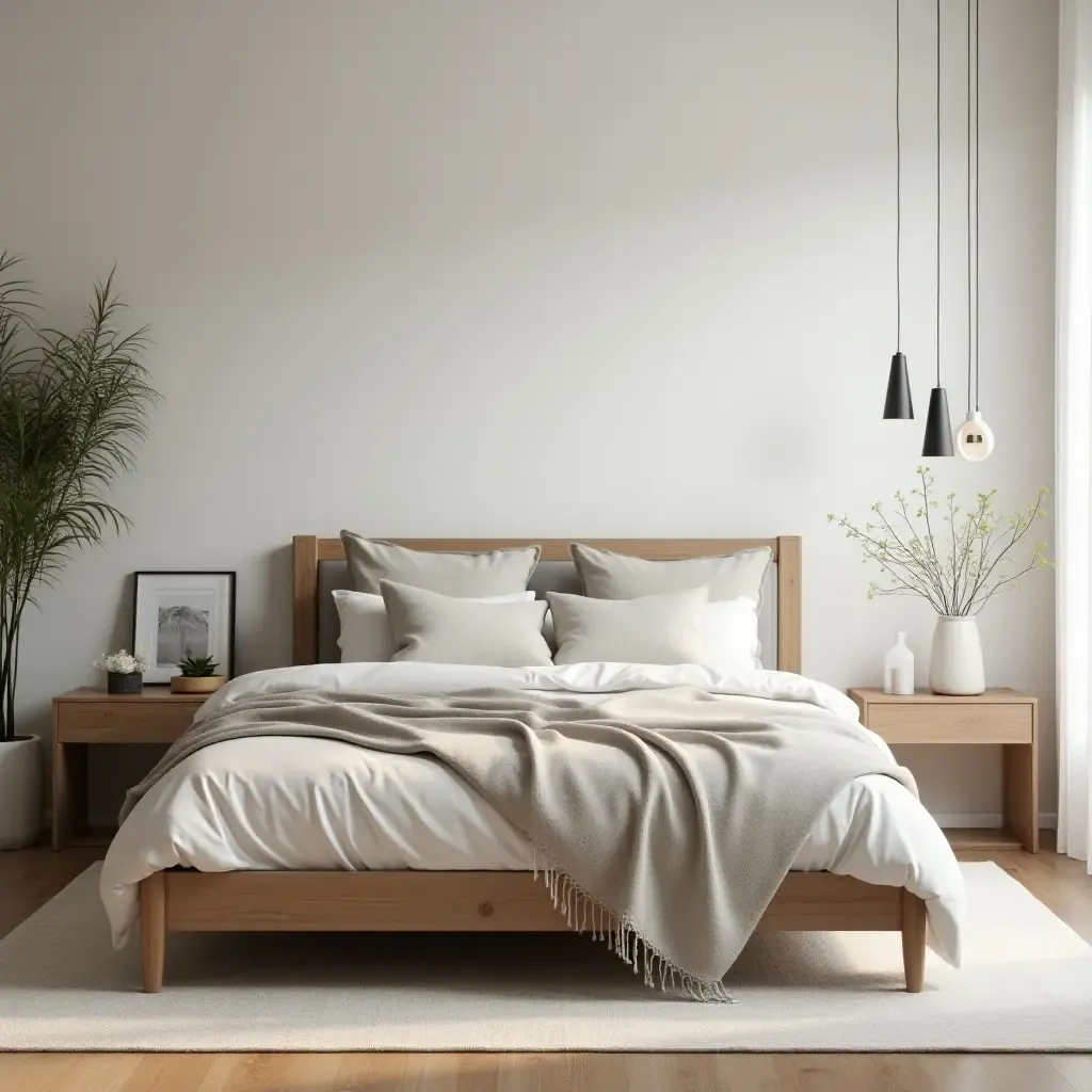 a photo of a stylish bedroom featuring a simple bed frame and neutral tones