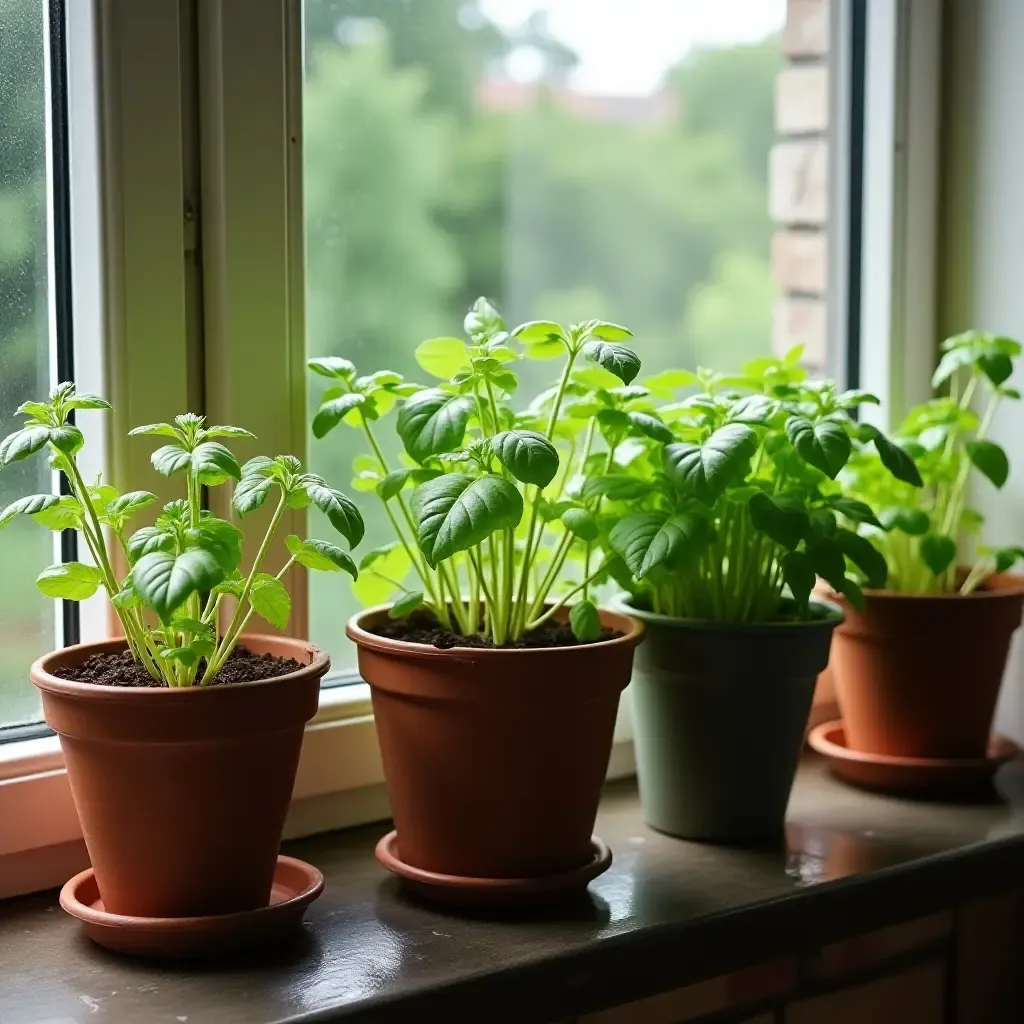 a photo of a balcony showcasing a mini herb garden in pots