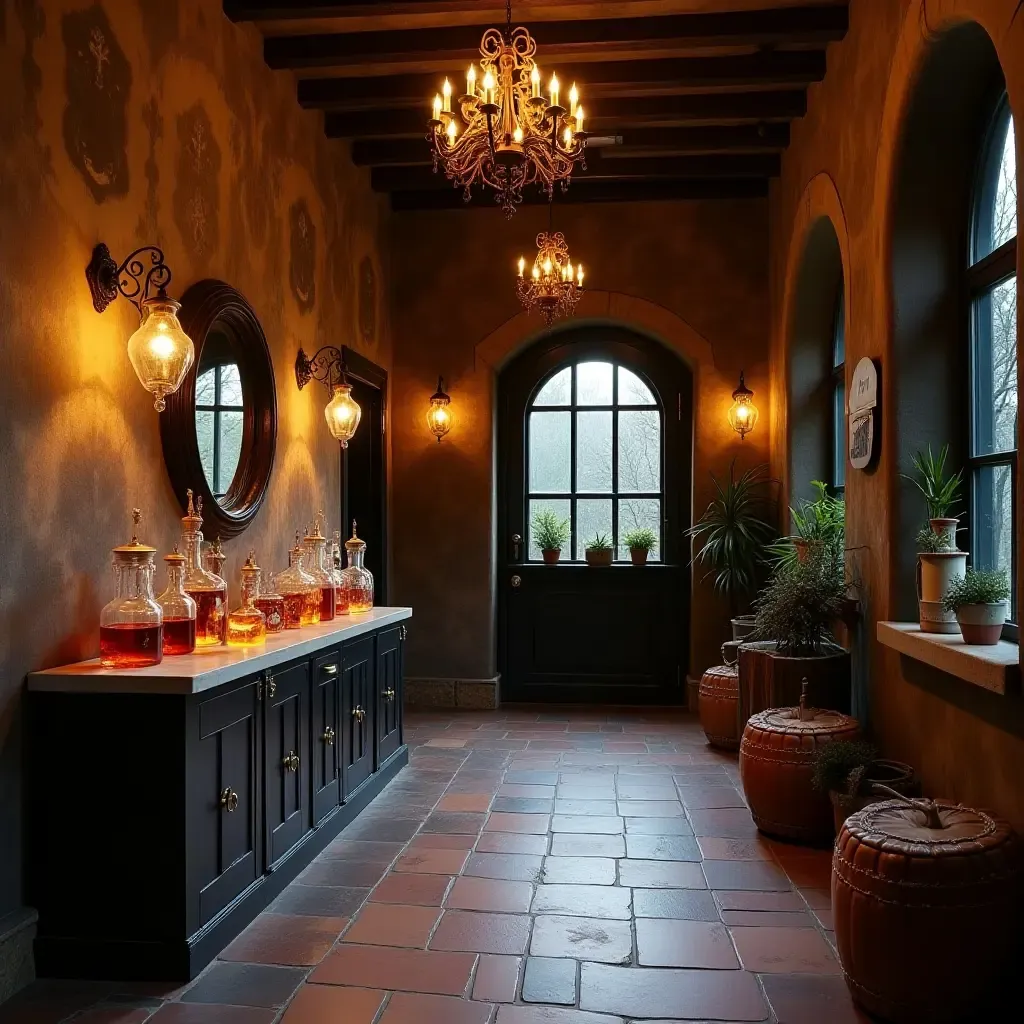 a photo of an entrance hall with a magical potion display and whimsical decor