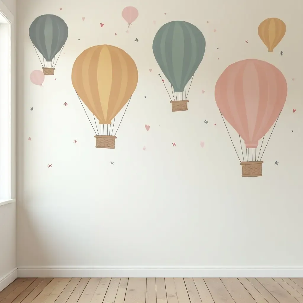 a photo of a whimsical hot air balloon mural in soft colors