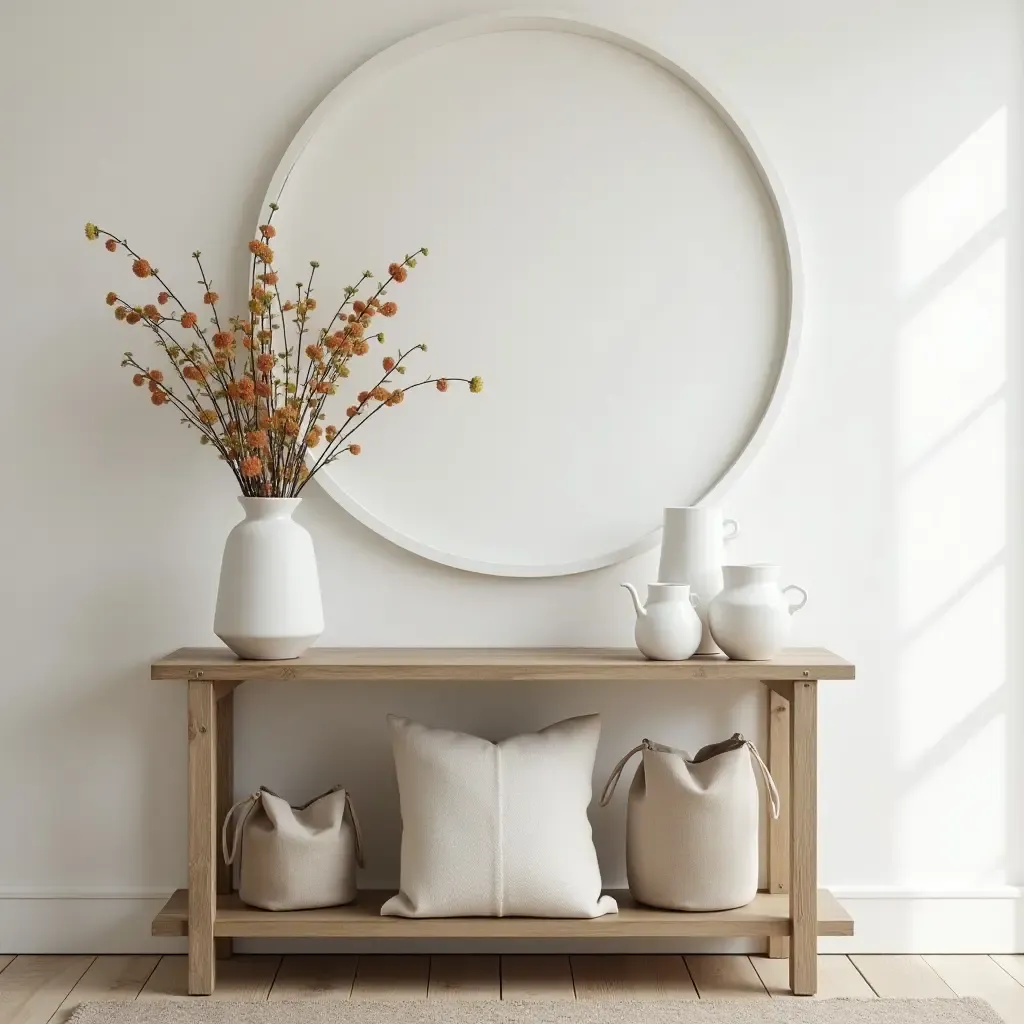 a photo of a farmhouse-style entryway with a wooden console and fresh flowers