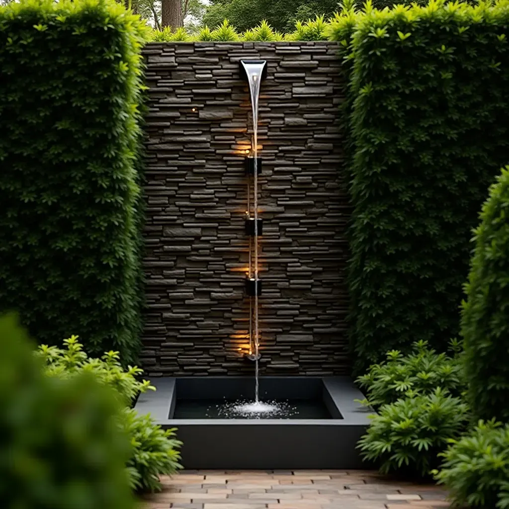 a photo of a serene garden wall with cascading water feature