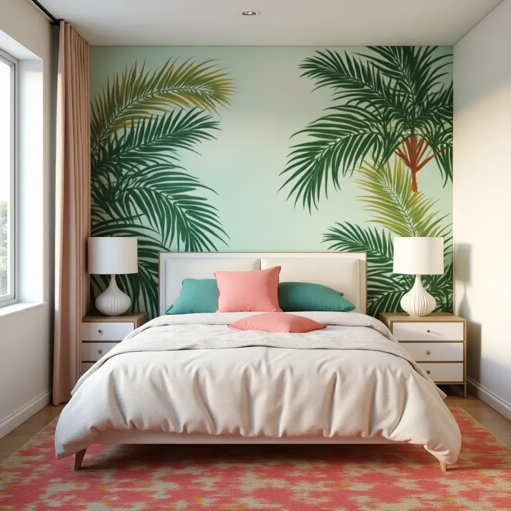 a photo of a tropical-themed bedroom with palm prints and bright colors