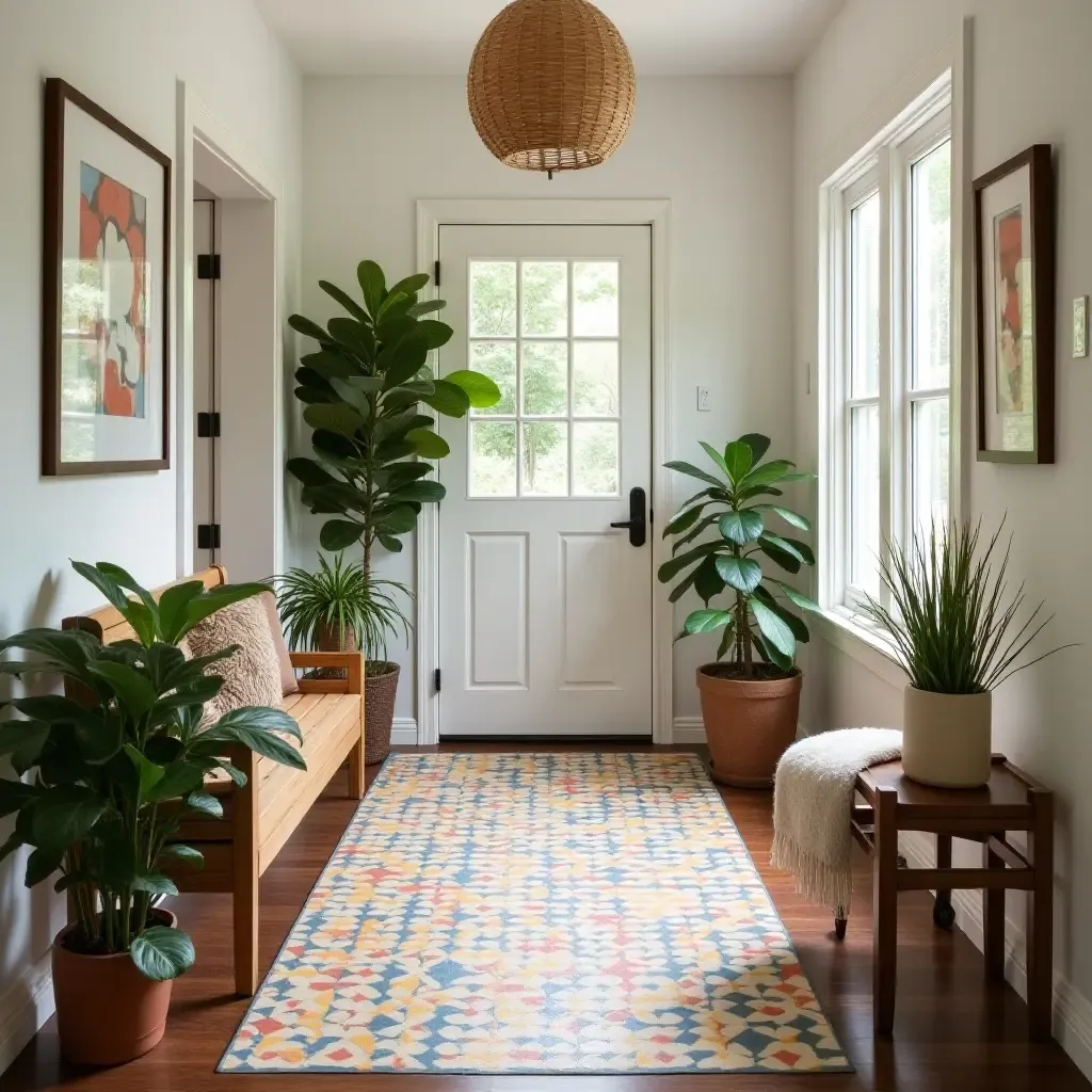 a photo of a charming entryway featuring a colorful tile runner and plants