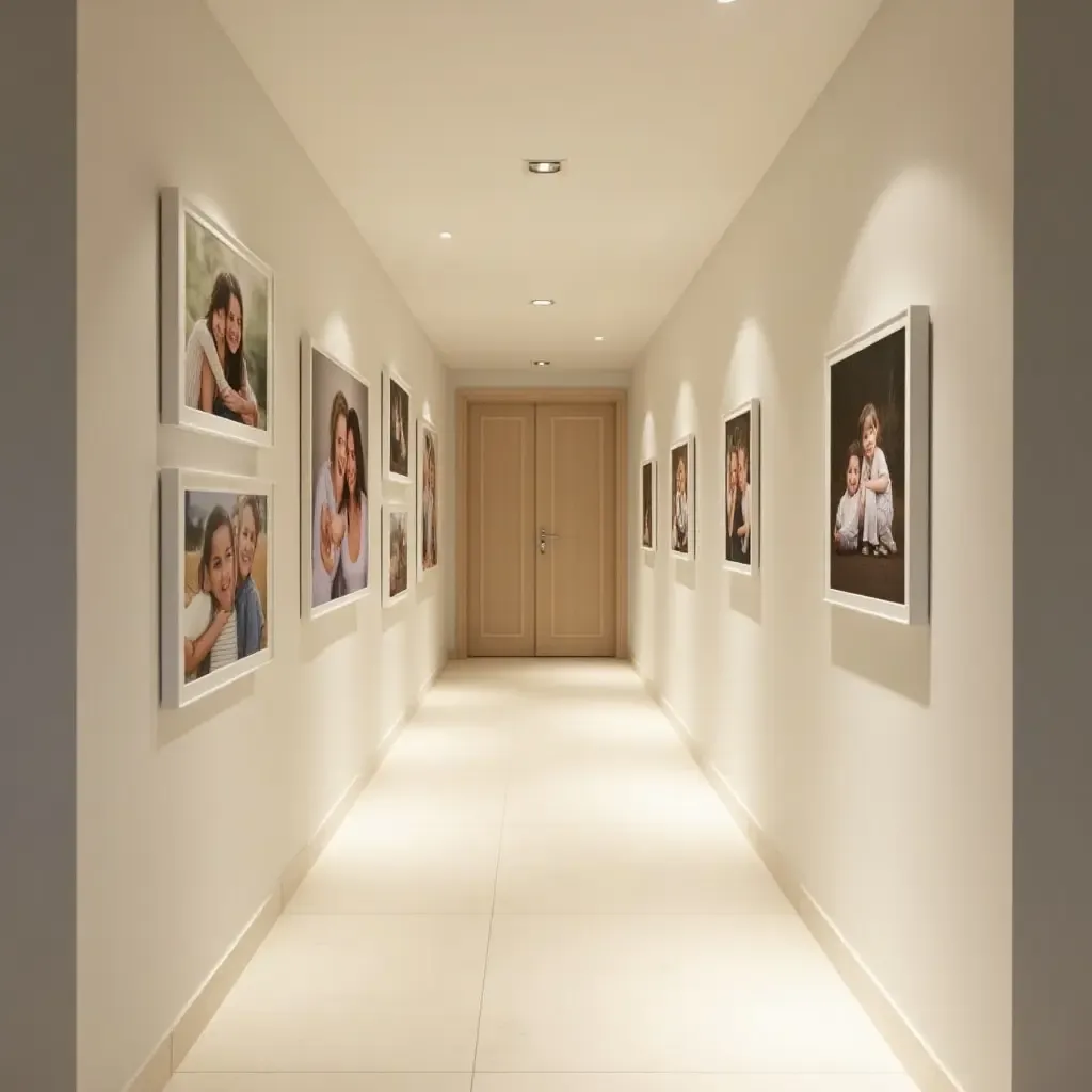 a photo of a bright corridor with a gallery of family photos