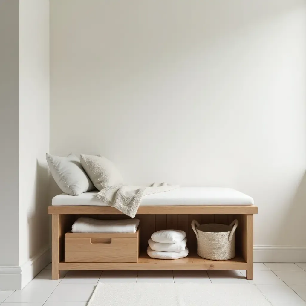 a photo of a wooden bench with storage in a family-friendly bathroom