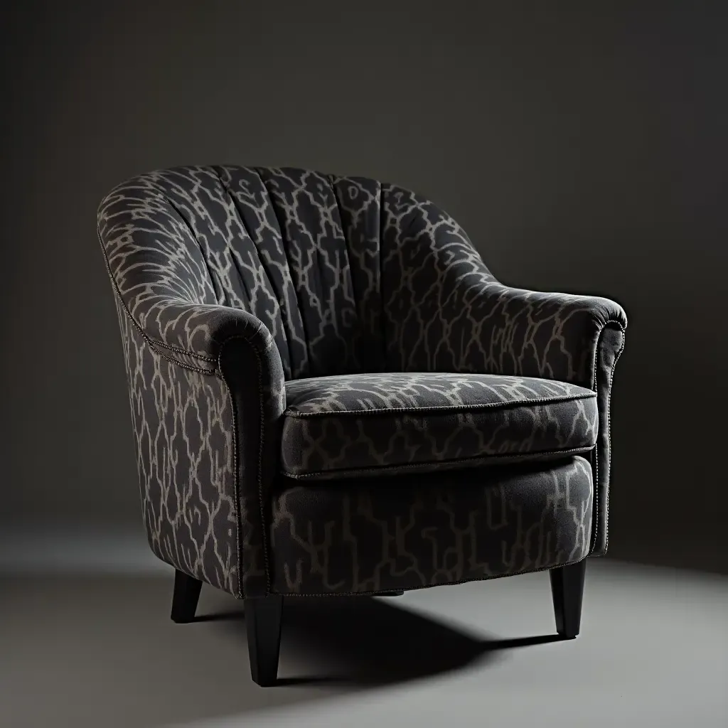 a photo of a dark-colored accent chair with intricate patterns