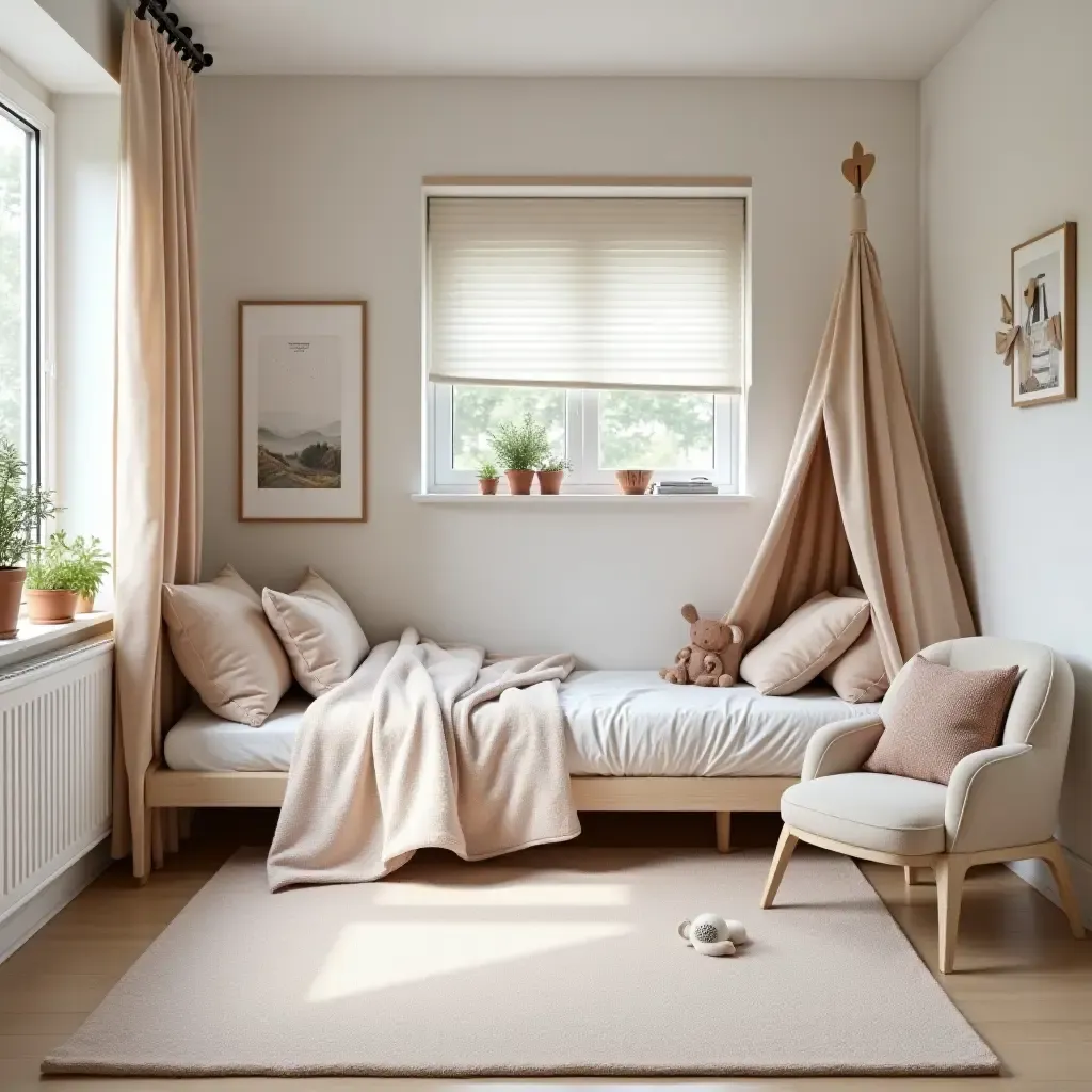 a photo of a small kids&#x27; bedroom with a DIY play area