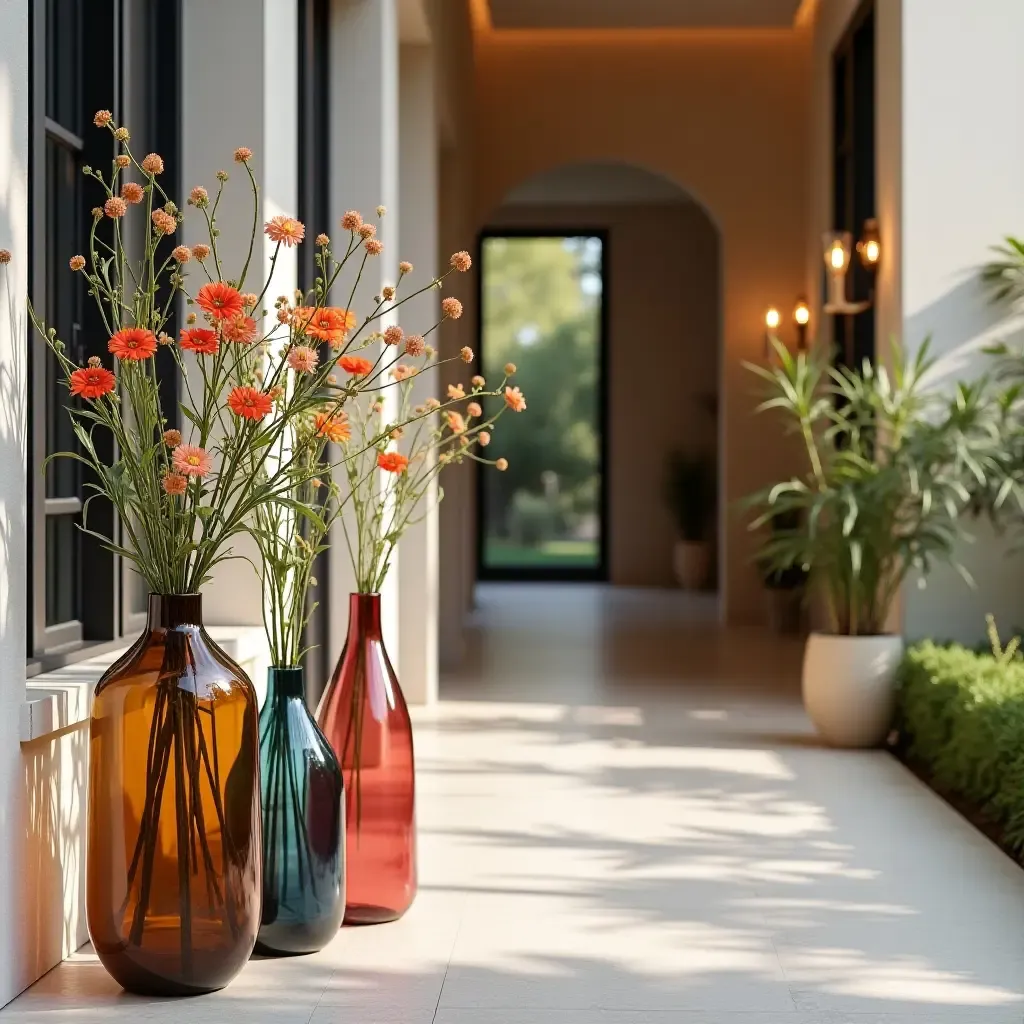 a photo of an entrance adorned with colorful glass vases and fresh flowers