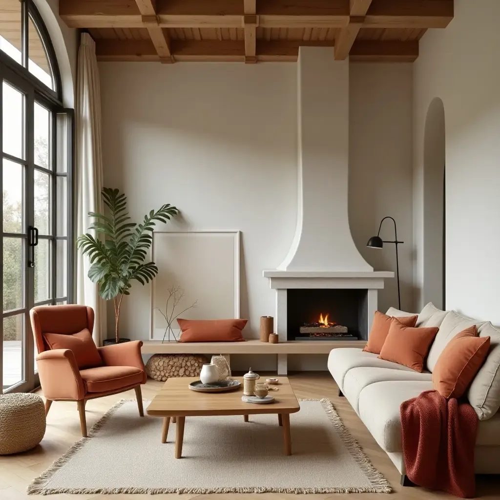 a photo of a living room showcasing wooden furniture and warm textiles