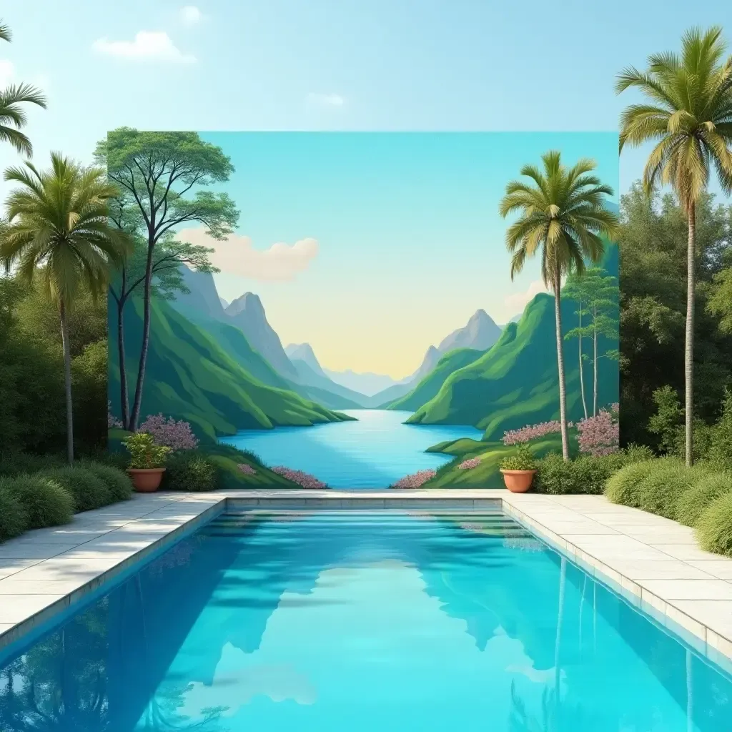 a photo of a serene nature landscape mural next to the pool