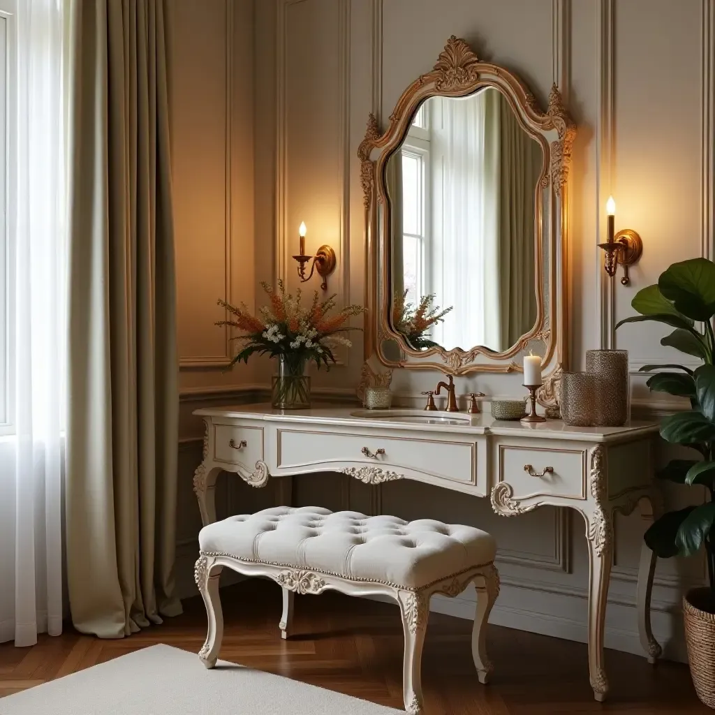 a photo of a vintage-inspired vanity with ornate mirrors and plush seating