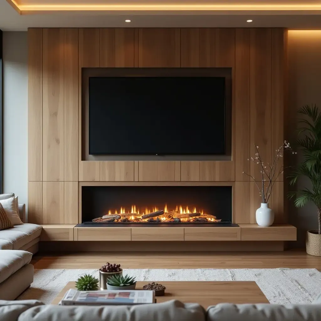 a photo of a high-tech fireplace surround with smart home integration