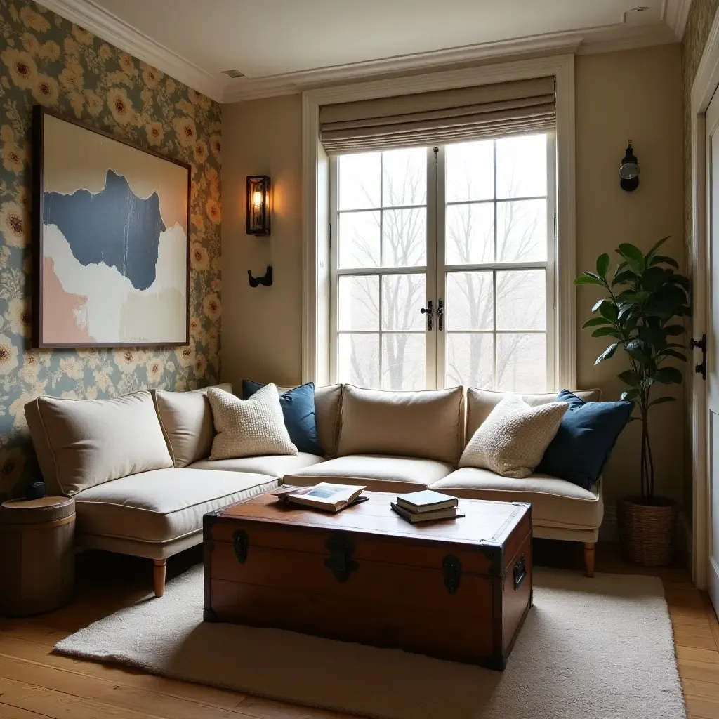 a photo of a reading nook featuring a vintage trunk as a coffee table