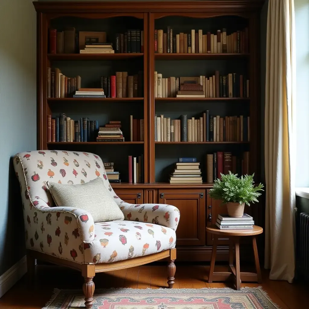 a photo of a charming reading corner with vintage books and a comfy chair