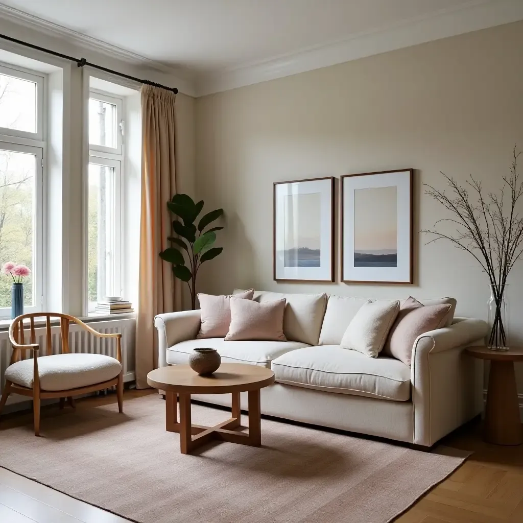 a photo of a small living room dining room combo with layered textiles for warmth