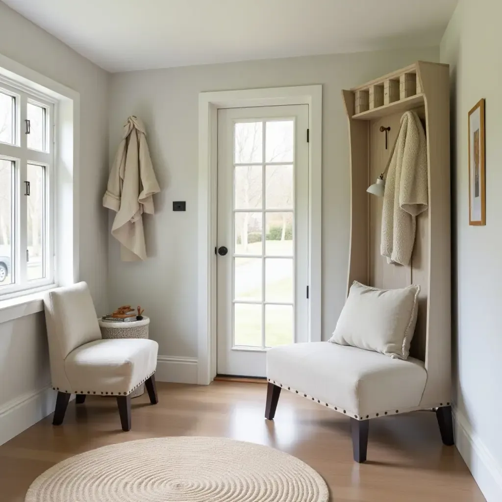 a photo of an elegant entryway with a vintage coat stand