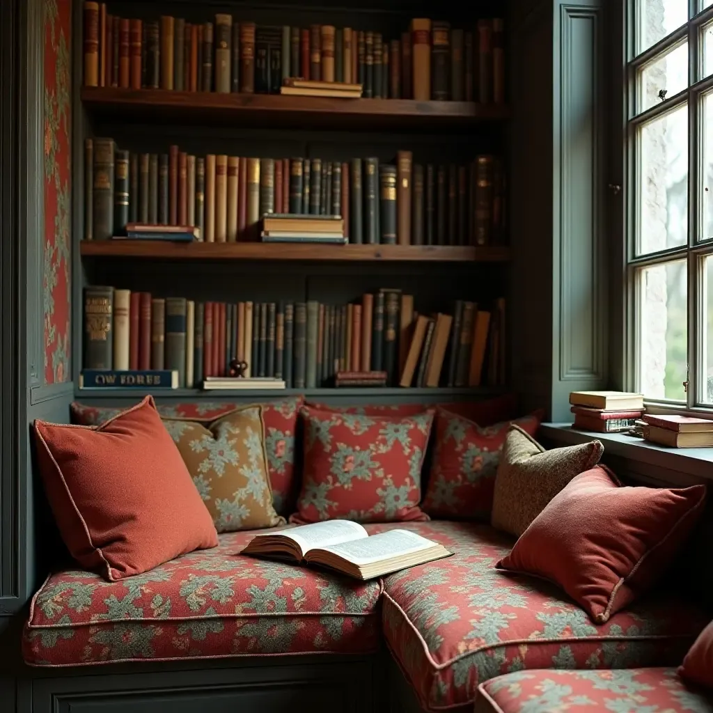 a photo of a cozy reading nook with vintage books and cushions